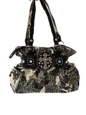 Studded Cross Accent Black & Cream Floral Tote